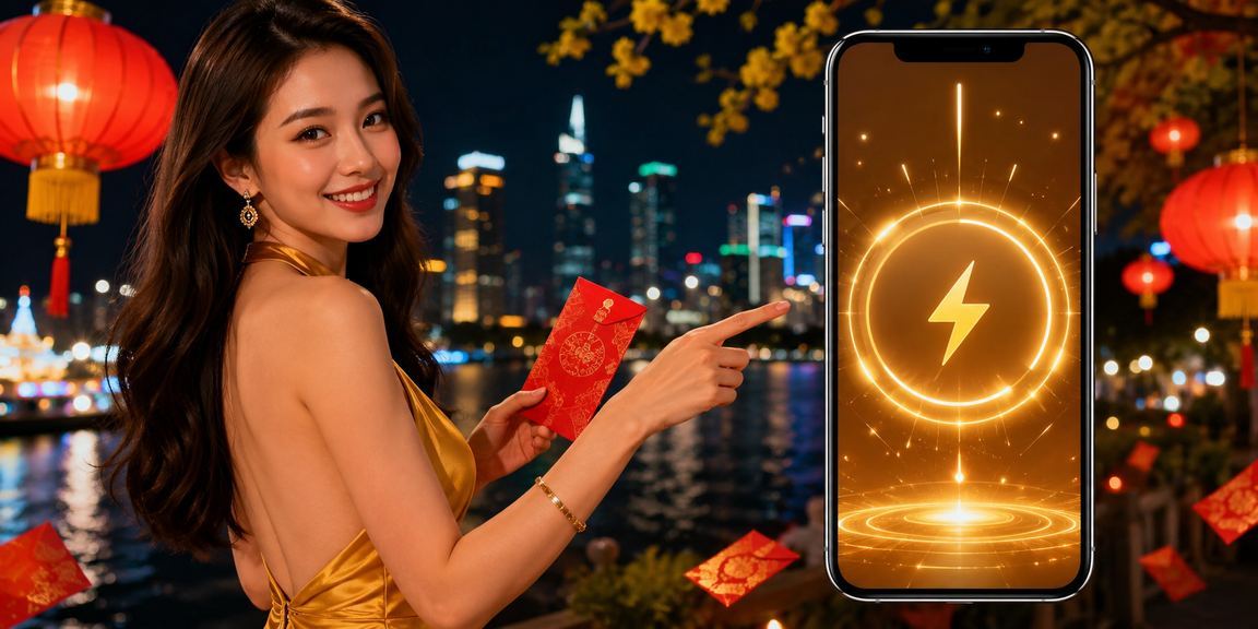 Cảnh hội chợ tết ở Hồ Chí Minh với lồng đèn và phong bao lì xì